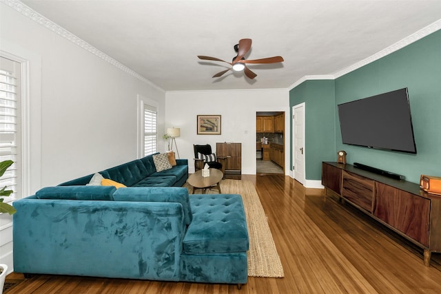 living room featuring a ceiling fan, ornamental molding, and wood finished floors