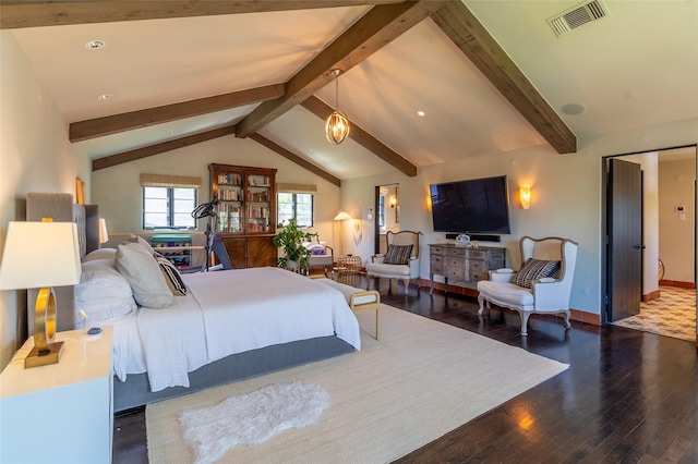bedroom with baseboards, recessed lighting, visible vents, vaulted ceiling with beams, and wood finished floors