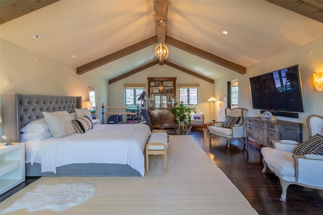 bedroom featuring dark wood-type flooring, multiple windows, and vaulted ceiling with beams