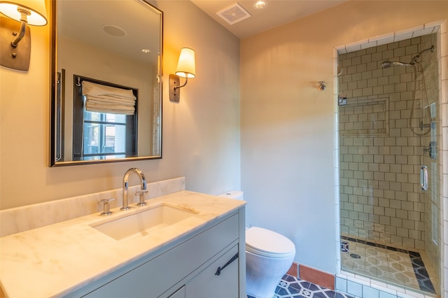 full bathroom with visible vents, toilet, tile patterned flooring, vanity, and a stall shower