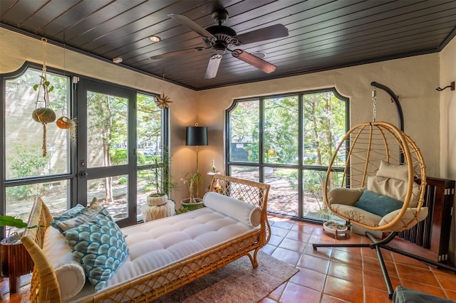 6955 Lakewood Blvd, Dallas, TX 75214 - sunroom / solarium with a ceiling fan, tile patterned floors, and wood ceiling