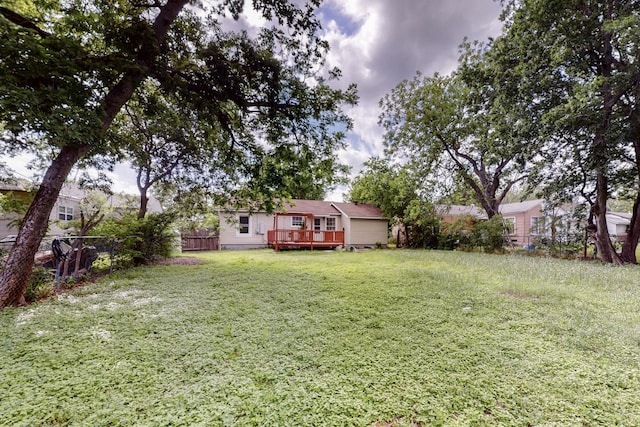 view of yard with a fenced backyard and a wooden deck