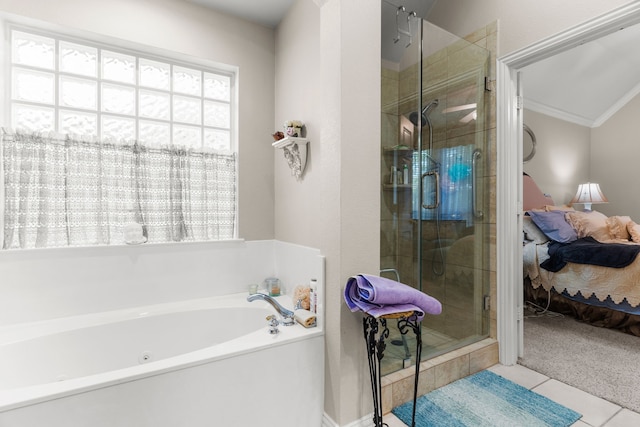 809 Lake Point Cir, Mckinney, TX 75072 - ensuite bathroom featuring tile patterned flooring, ensuite bath, crown molding, a shower stall, and a garden tub