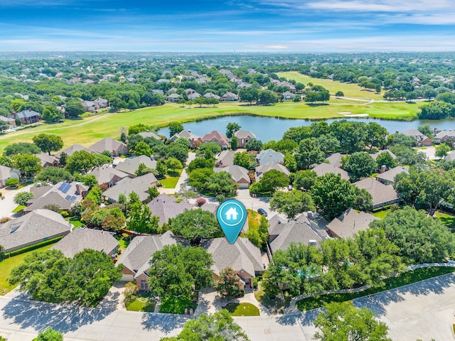 809 Lake Point Cir, Mckinney, TX 75072 - bird's eye view with a water view, a residential view, and view of golf course