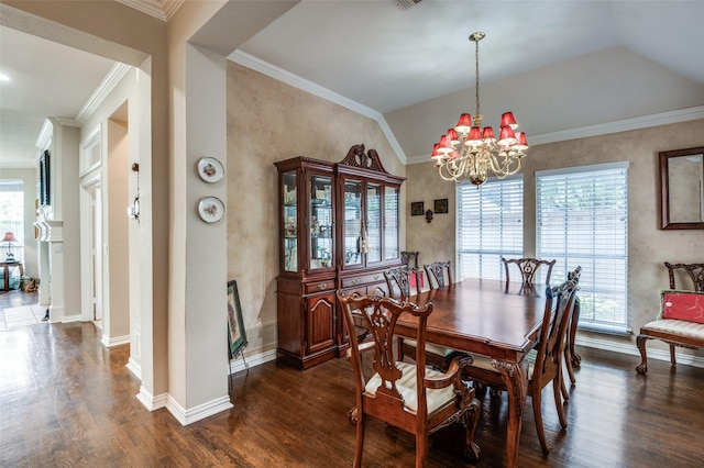 809 Lake Point Cir, Mckinney, TX 75072 - dining area with baseboards, an inviting chandelier, dark wood-style floors, crown molding, and lofted ceiling