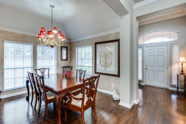 809 Lake Point Cir, Mckinney, TX 75072 - dining area with an inviting chandelier, baseboards, lofted ceiling, and dark wood-style flooring
