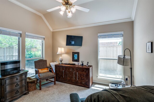 809 Lake Point Cir, Mckinney, TX 75072 - bedroom with ornamental molding, multiple windows, carpet, and lofted ceiling