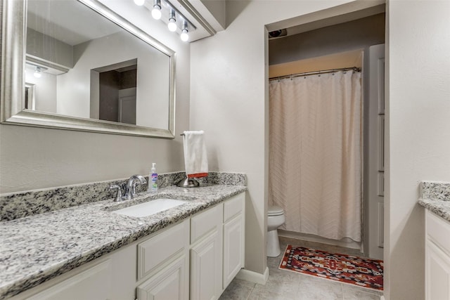 full bath with tile patterned flooring, toilet, curtained shower, and vanity