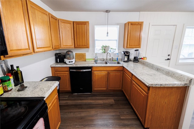 8820 Guadalupe Rd, Fort Worth, TX 76116 - kitchen with a sink, light countertops, black appliances, and dark wood-style floors