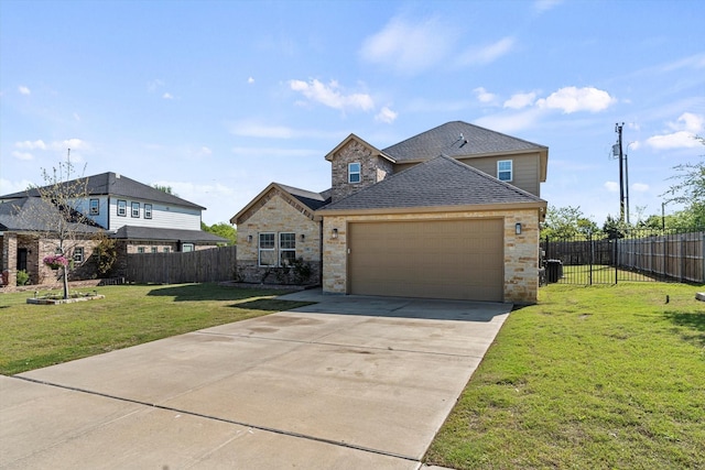 traditional-style home featuring roof with shingles, a front yard, fence, stone siding, and an attached garage