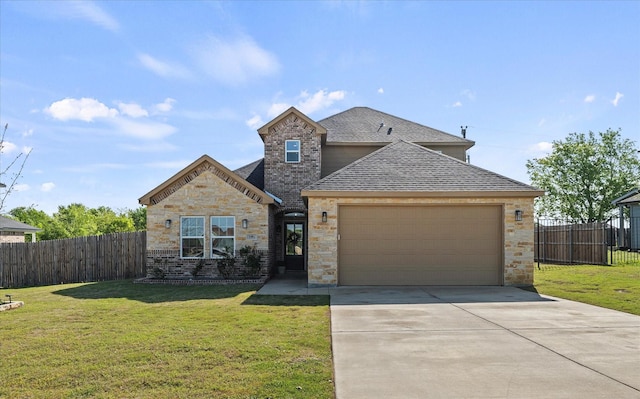 view of front of house with concrete driveway, a front lawn, a garage, fence, and a shingled roof