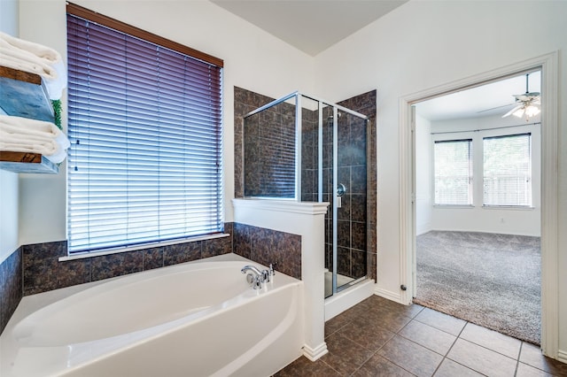 2612 Katie Trl, Melissa, TX 75454 - bathroom featuring a garden tub, a stall shower, tile patterned floors, and ceiling fan