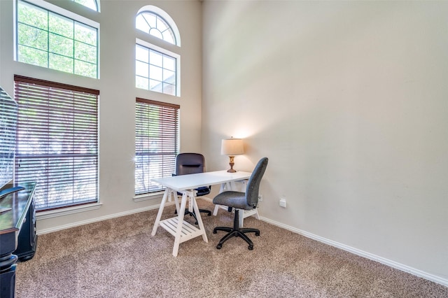office area with carpet floors, baseboards, and a towering ceiling