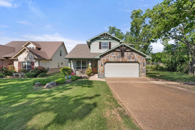 craftsman house featuring concrete driveway, a front yard, stone siding, and covered porch