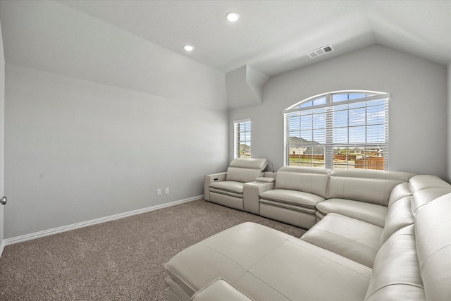 3506 Riley St, Fate, TX 75087 - living area featuring carpet, vaulted ceiling, visible vents, recessed lighting, and baseboards
