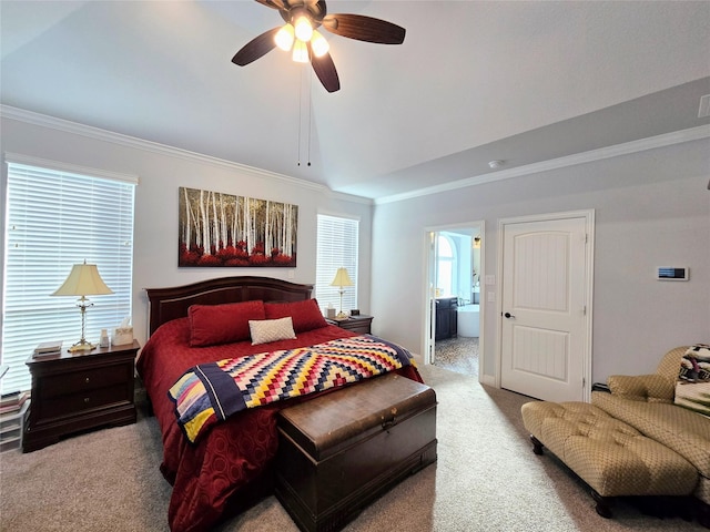 9812 El Colina Dr, Fort Worth, TX 76179 - carpeted bedroom featuring ensuite bathroom, vaulted ceiling, ornamental molding, and ceiling fan