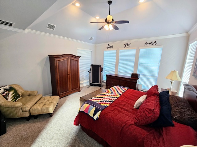 9812 El Colina Dr, Fort Worth, TX 76179 - bedroom featuring a ceiling fan, light colored carpet, ornamental molding, and visible vents