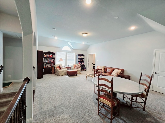 9812 El Colina Dr, Fort Worth, TX 76179 - carpeted dining room featuring visible vents, recessed lighting, and lofted ceiling