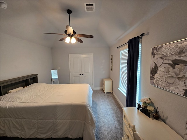 9812 El Colina Dr, Fort Worth, TX 76179 - bedroom with ceiling fan, carpet, a closet, visible vents, and lofted ceiling