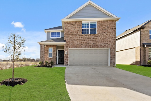 view of front of home featuring concrete driveway, brick siding, a garage, and a front lawn