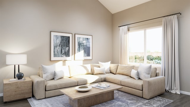 living area featuring dark wood-style flooring, baseboards, and high vaulted ceiling