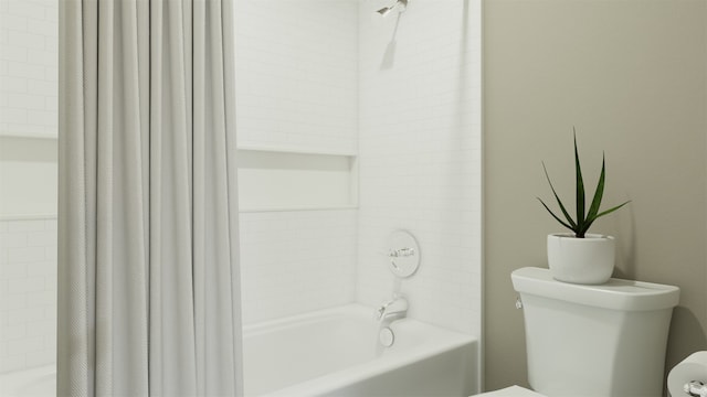 full bath featuring toilet and shower / bathtub combination with curtain