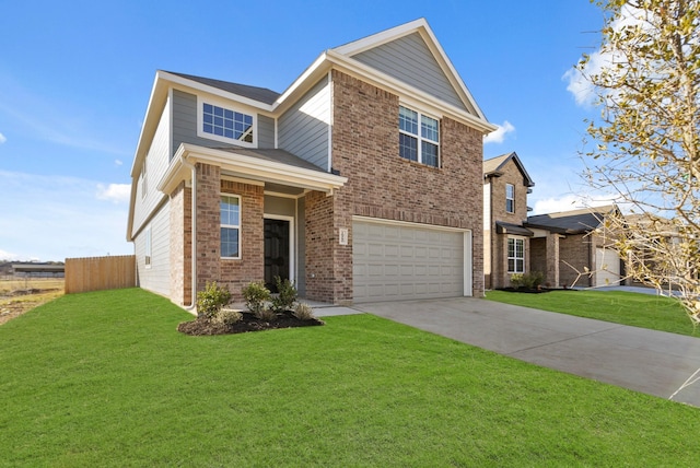 traditional home with an attached garage, fence, a front yard, brick siding, and driveway