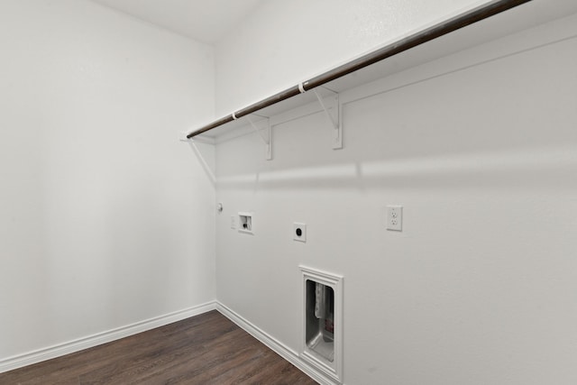 laundry room with laundry area, gas dryer hookup, dark wood finished floors, electric dryer hookup, and hookup for a washing machine