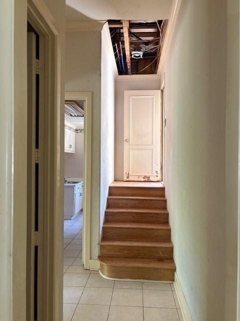 1417 Wyndmere Dr, Desoto, TX 75115 - staircase with tile patterned flooring and crown molding