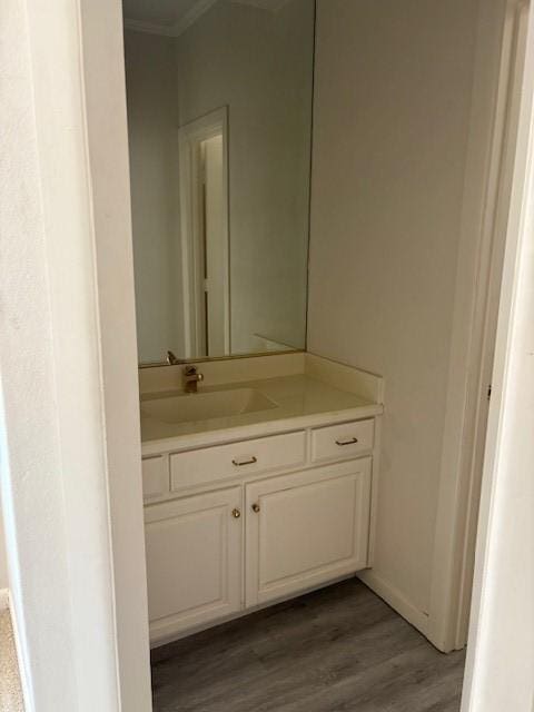 1417 Wyndmere Dr, Desoto, TX 75115 - bathroom with wood finished floors, vanity, baseboards, and ornamental molding