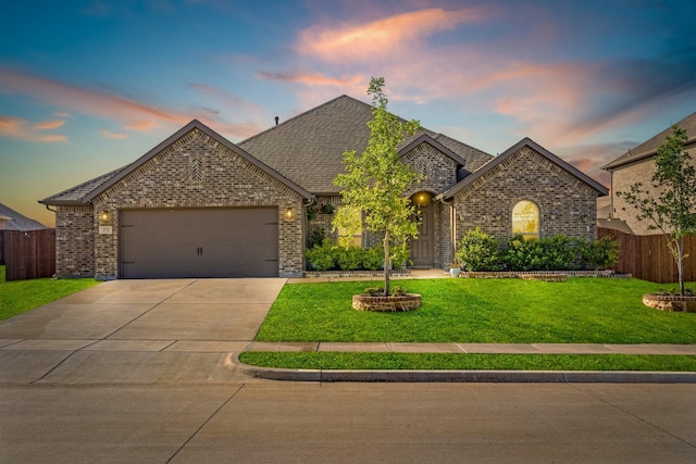 french country home with driveway, a front lawn, brick siding, a garage, and fence