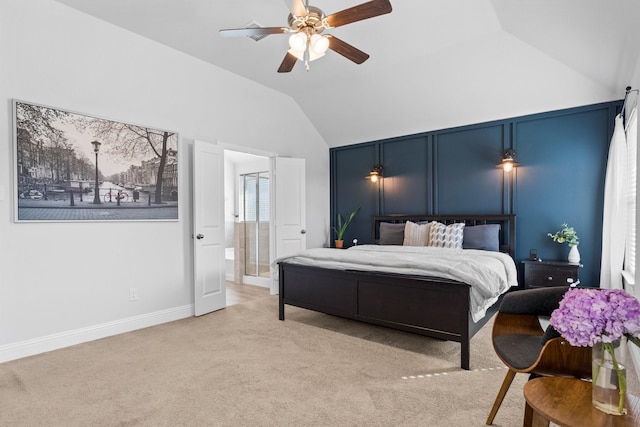 bedroom featuring baseboards, a ceiling fan, light colored carpet, and lofted ceiling