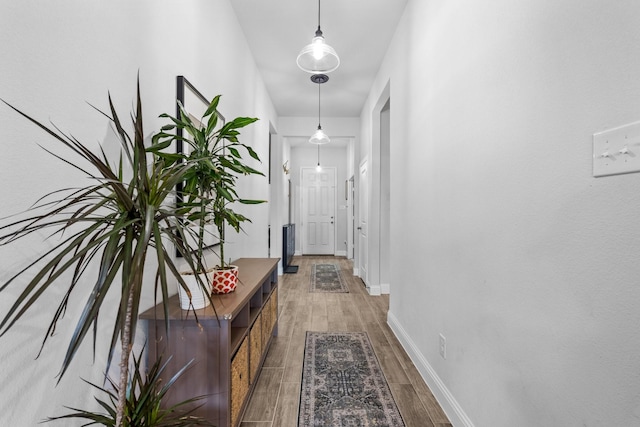 hallway with wood finished floors and baseboards