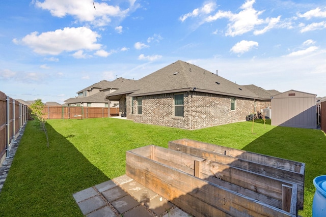 view of yard featuring a storage shed, an outbuilding, and a fenced backyard