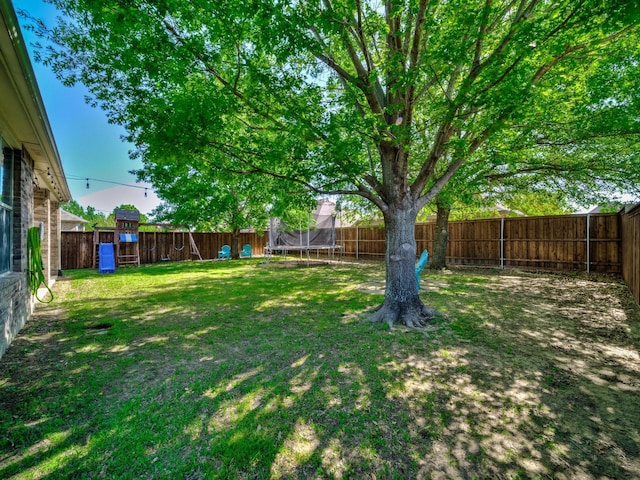 view of yard with a fenced backyard and a trampoline
