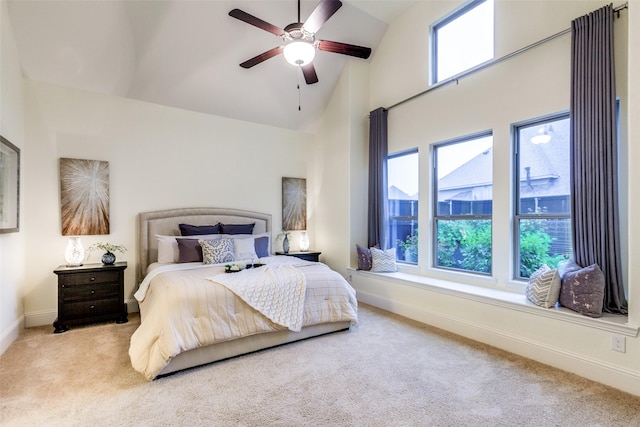 2018 Barley Place Dr, Allen, TX 75013 - carpeted bedroom with high vaulted ceiling, multiple windows, baseboards, and a ceiling fan