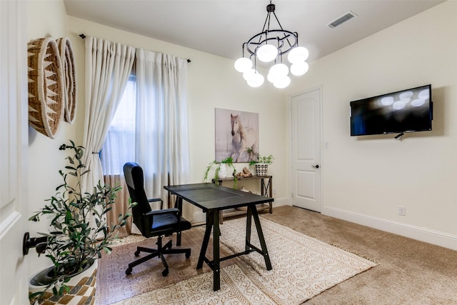 2018 Barley Place Dr, Allen, TX 75013 - office featuring light carpet, baseboards, and a chandelier