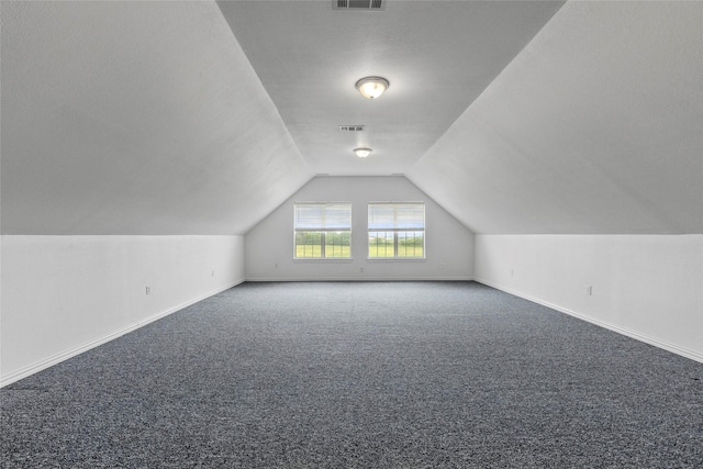 additional living space featuring carpet flooring, baseboards, visible vents, and lofted ceiling