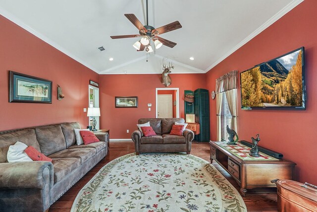 104 Fm 2450, Krum, TX 76249 - living room featuring ornamental molding, dark wood-type flooring, a ceiling fan, vaulted ceiling, and recessed lighting