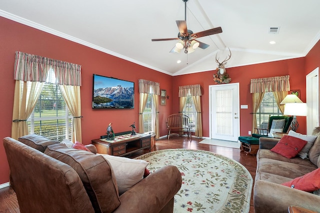 104 Fm 2450, Krum, TX 76249 - living area featuring a ceiling fan, wood finished floors, ornamental molding, and baseboards