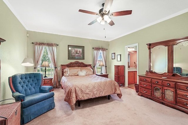 104 Fm 2450, Krum, TX 76249 - bedroom with light colored carpet, multiple windows, crown molding, ceiling fan, and ensuite bath
