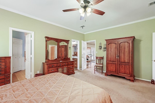 104 Fm 2450, Krum, TX 76249 - bedroom with crown molding, baseboards, light colored carpet, and a ceiling fan