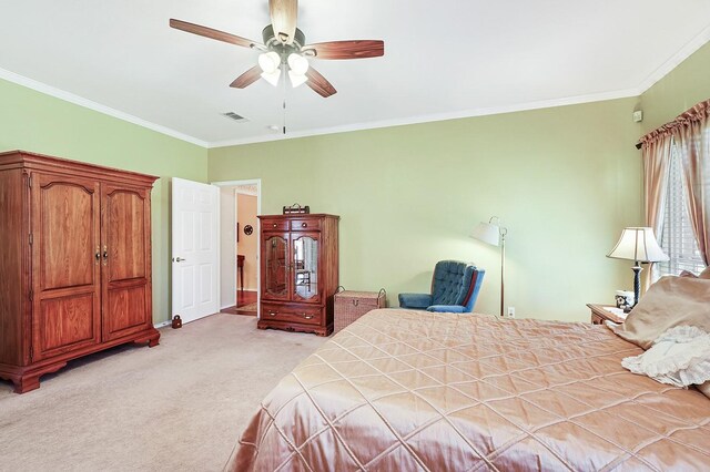 104 Fm 2450, Krum, TX 76249 - bedroom featuring light carpet, ornamental molding, and ceiling fan