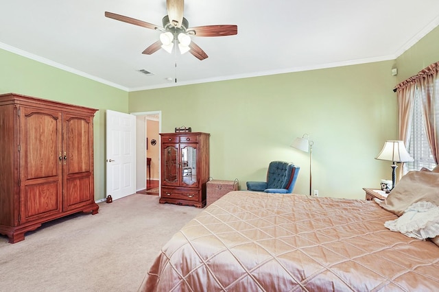 104 Fm 2450, Krum, TX 76249 - bedroom with light colored carpet, crown molding, baseboards, and a ceiling fan