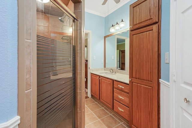 104 Fm 2450, Krum, TX 76249 - full bathroom featuring crown molding, a shower stall, vanity, tile patterned floors, and ceiling fan