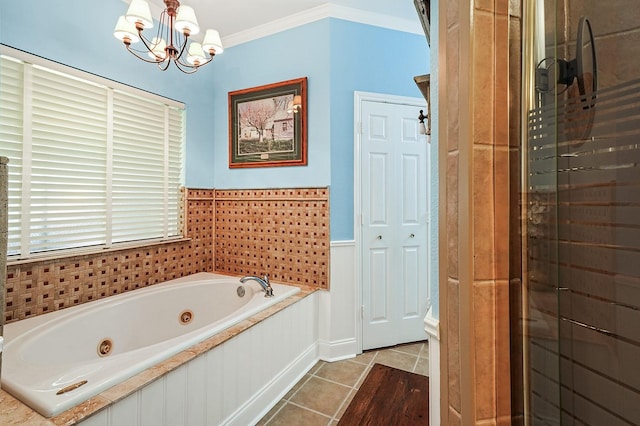 104 Fm 2450, Krum, TX 76249 - full bathroom with a whirlpool tub, tile patterned floors, ornamental molding, a chandelier, and toilet