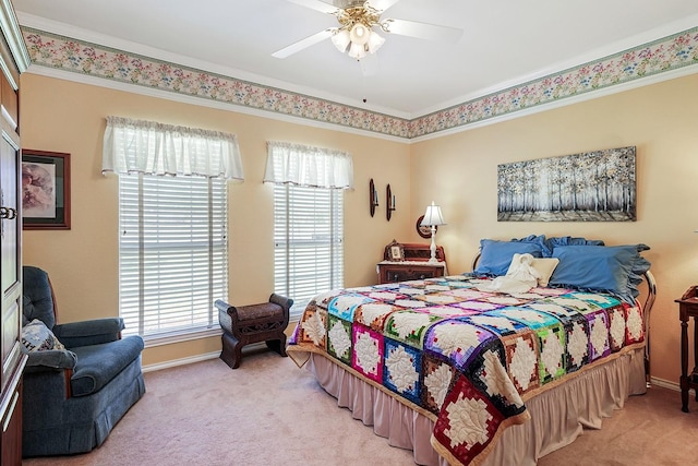 104 Fm 2450, Krum, TX 76249 - bedroom featuring light carpet, baseboards, ornamental molding, and ceiling fan