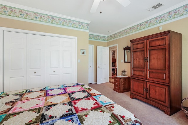 104 Fm 2450, Krum, TX 76249 - bedroom with a closet, light carpet, a ceiling fan, and crown molding