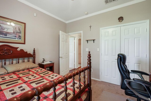 104 Fm 2450, Krum, TX 76249 - bedroom featuring light carpet, ornamental molding, a desk, and a closet