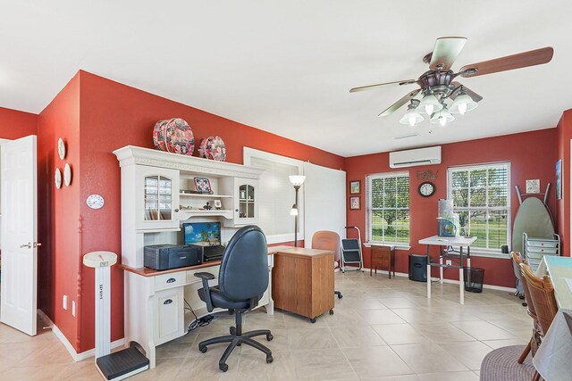 104 Fm 2450, Krum, TX 76249 - office with a wall mounted air conditioner, a ceiling fan, light tile patterned flooring, and baseboards